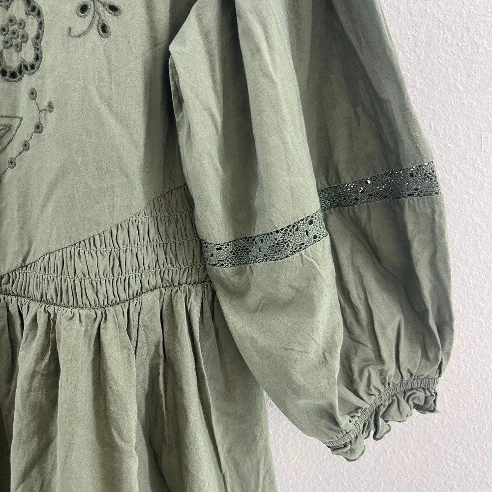 American Eagle Eyelet Embroidered Mini Dress Women M Green Cotton Ruffle Mori - Picture 5 of 15